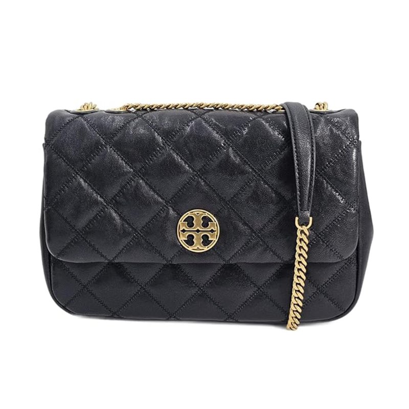 【TORY BURCH】菱格紋黑金鏈帶側背包-黑色-0