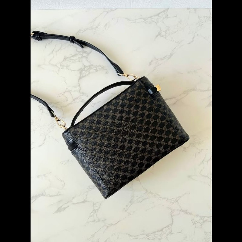 稀有款中古二手Celine黑色老花盒子側背包 斜背包 皮革包 單肩包-1