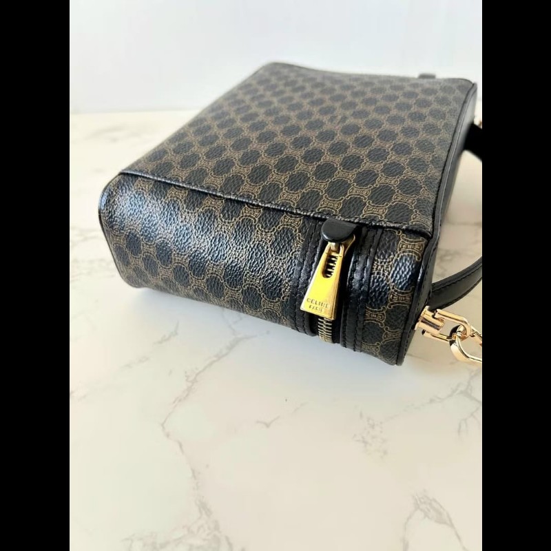 稀有款中古二手Celine黑色老花盒子側背包 斜背包 皮革包 單肩包-5