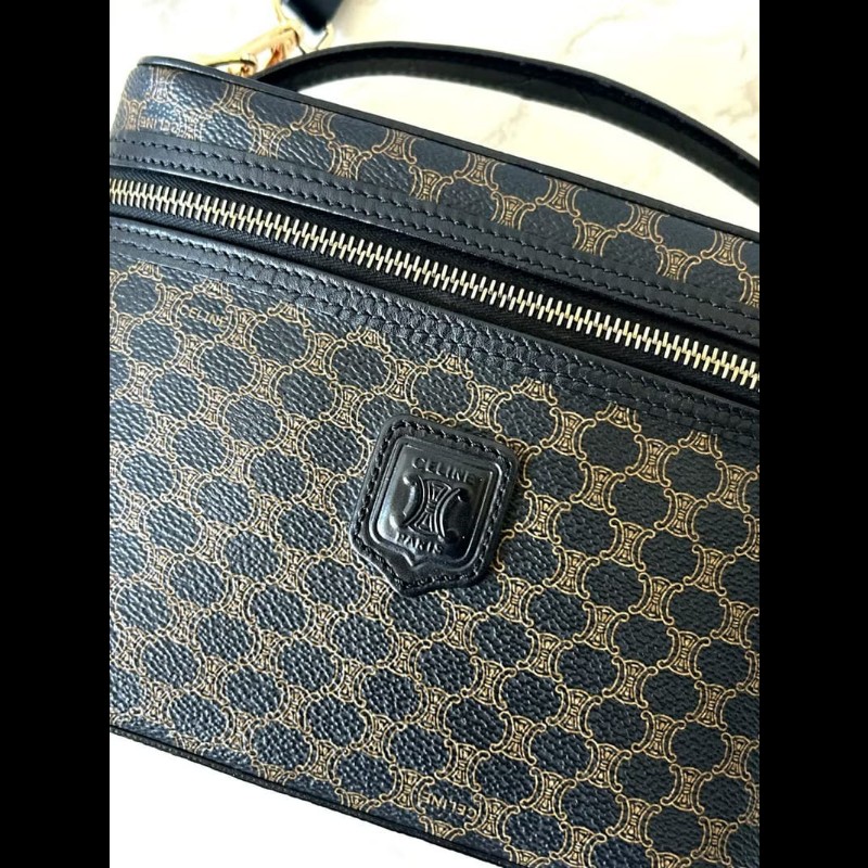 稀有款中古二手Celine黑色老花盒子側背包 斜背包 皮革包 單肩包-8