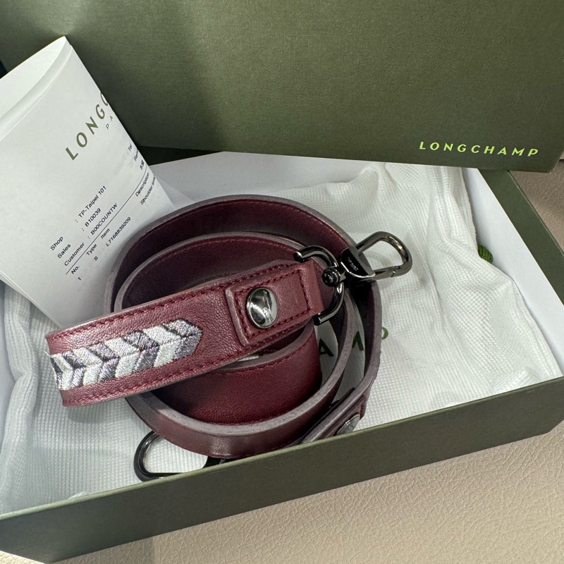 Longchamp 真皮斜背背帶 100cm 酒紅色｜101專櫃購入附購證｜可搭配 Longchamp Mademoiselle灰色，亦可與愛馬仕錫器灰、愛馬仕紅搭配-0