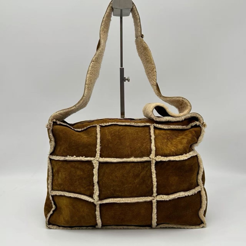 「JL精品代購」香奈兒棕色中古羊羔毛九宮格單肩斜挎托特包-0