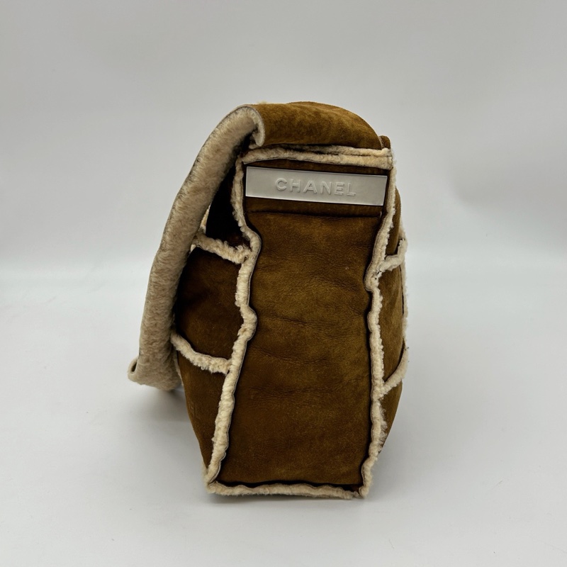 「JL精品代購」香奈兒棕色中古羊羔毛九宮格單肩斜挎托特包-5