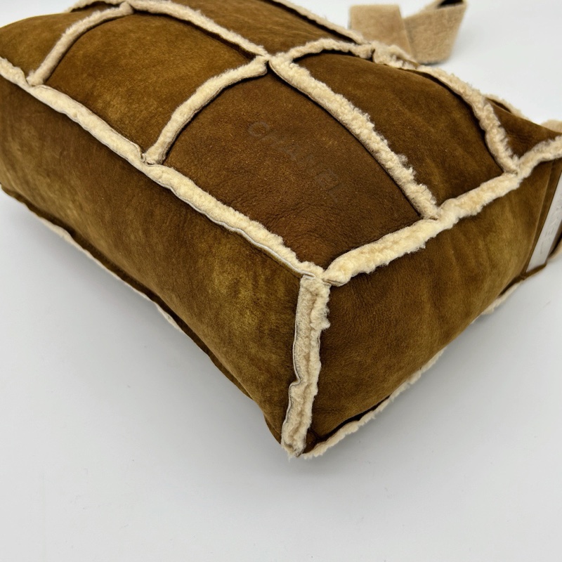 「JL精品代購」香奈兒棕色中古羊羔毛九宮格單肩斜挎托特包-7