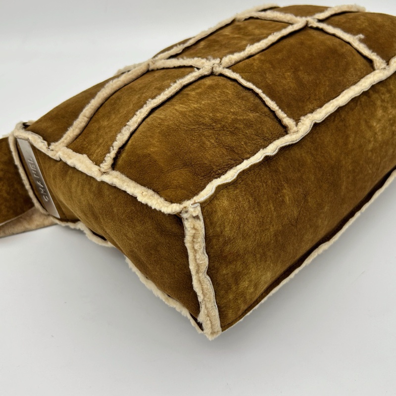 「JL精品代購」香奈兒棕色中古羊羔毛九宮格單肩斜挎托特包-10