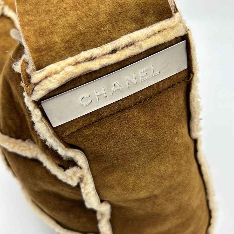 「JL精品代購」香奈兒棕色中古羊羔毛九宮格單肩斜挎托特包-12