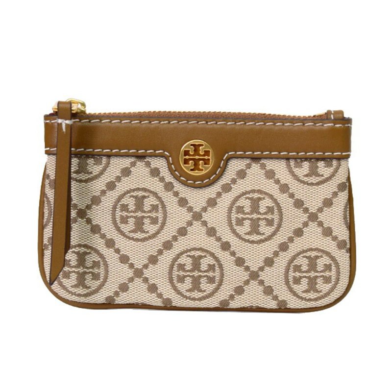 【TORY BURCH】緹花皮革零錢包-卡其色-0