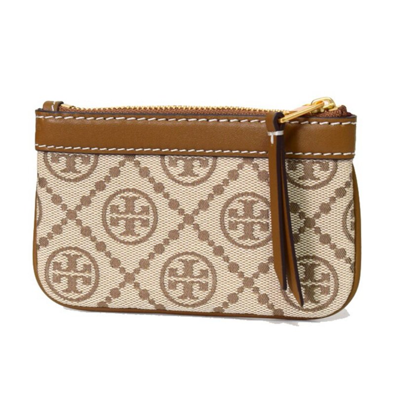 【TORY BURCH】緹花皮革零錢包-卡其色-1