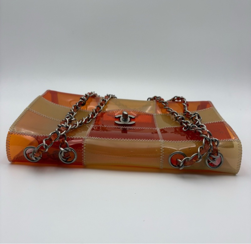 【絕版稀有✨收藏家級別😍】Chanel 中古果凍橙色拼色 銀扣 沙灘包|鏈條肩帶-6