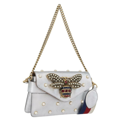 GUCCI 竹節鏈條 Broadway 單肩包 皮革 2way 銀色 453778 正品 ka2490V