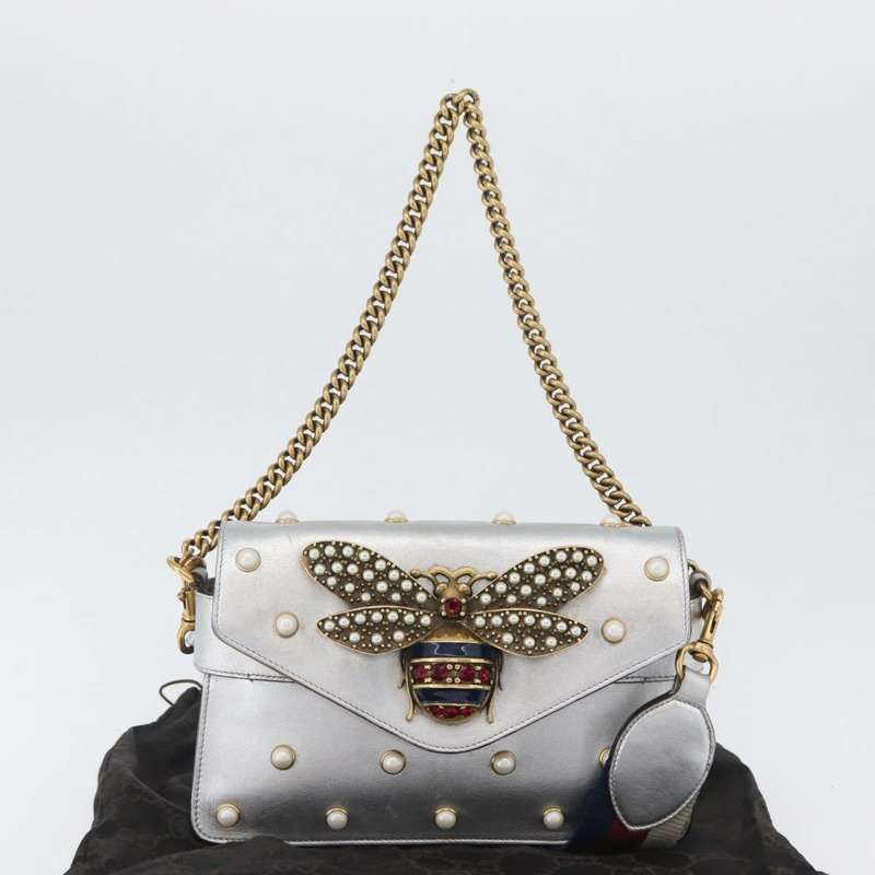 【日本直送】GUCCI 竹節鏈條 Broadway 單肩包 皮革 2way 銀色 453778 正品 ka2490V-11