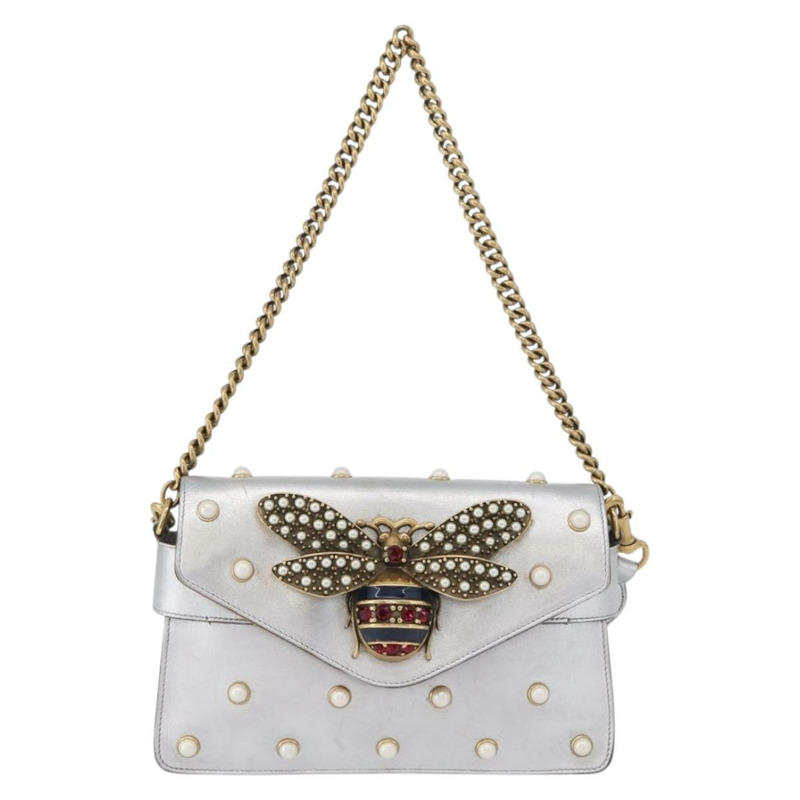 【日本直送】GUCCI 竹節鏈條 Broadway 單肩包 皮革 2way 銀色 453778 正品 ka2490V-12