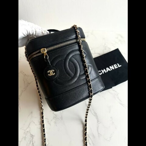 絕版古董包 Chanel黑色魚子醬化妝盒子包 斜背包 側背包 單肩包
