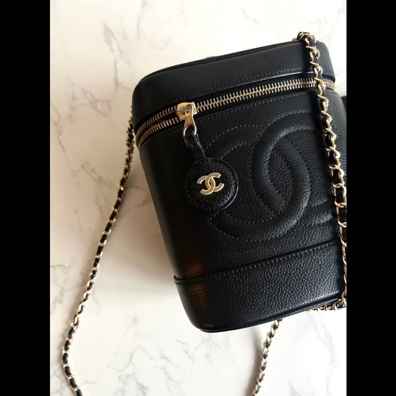 絕版古董包 Chanel黑色魚子醬化妝盒子包 斜背包 側背包 單肩包-1