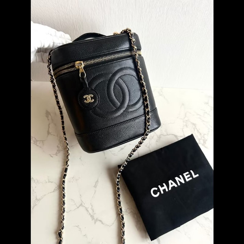 絕版古董包 Chanel黑色魚子醬化妝盒子包 斜背包 側背包 單肩包-2