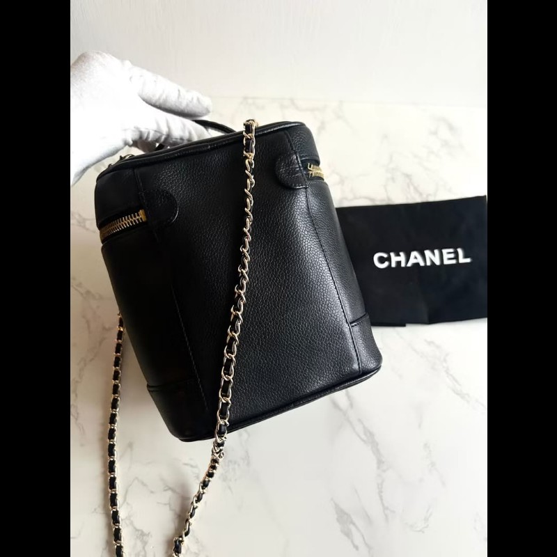 絕版古董包 Chanel黑色魚子醬化妝盒子包 斜背包 側背包 單肩包-3