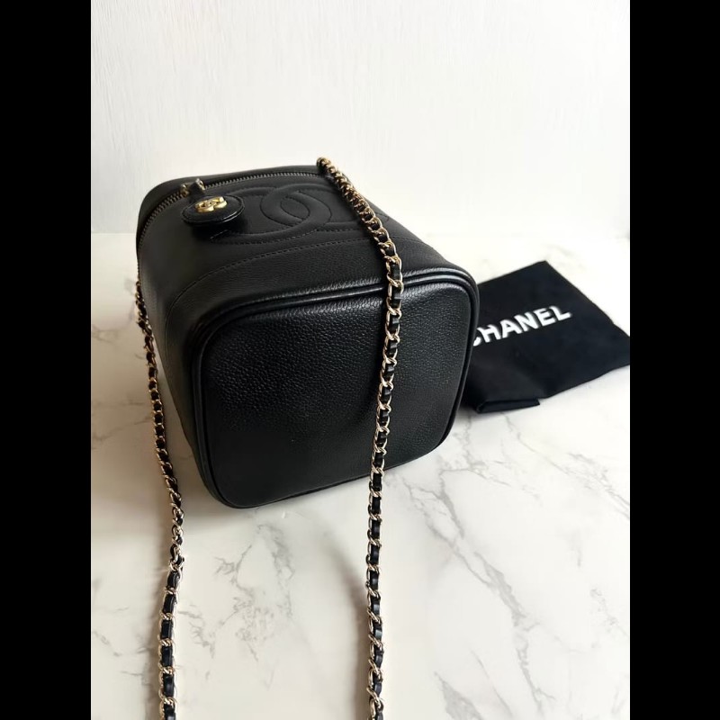 絕版古董包 Chanel黑色魚子醬化妝盒子包 斜背包 側背包 單肩包-4