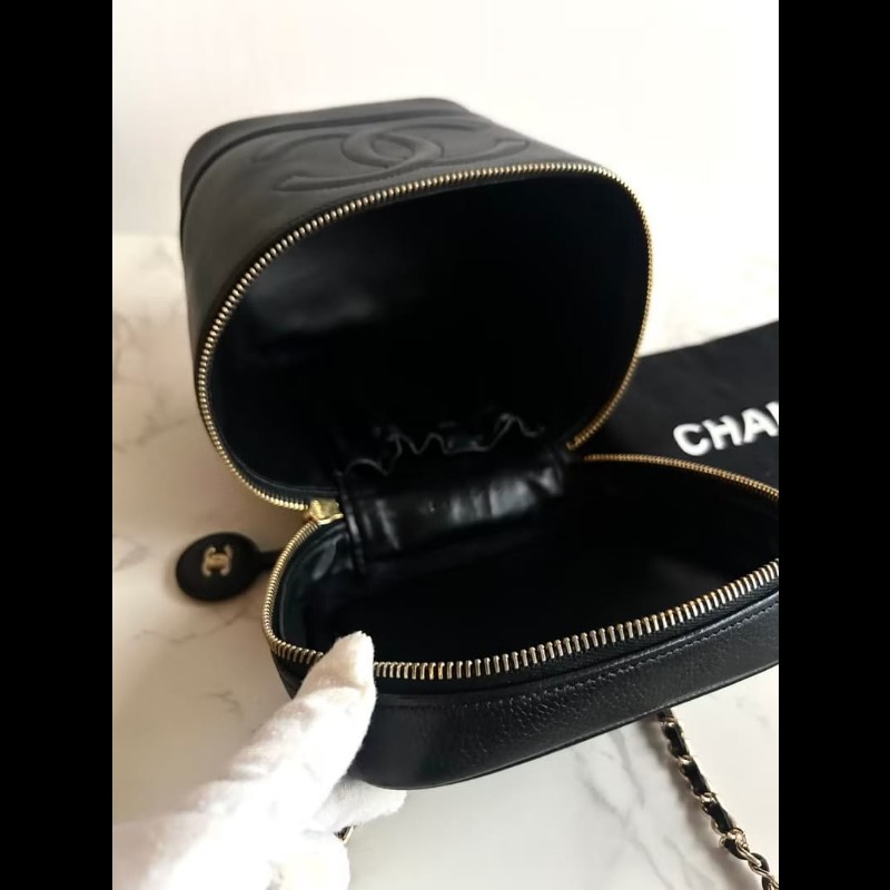 絕版古董包 Chanel黑色魚子醬化妝盒子包 斜背包 側背包 單肩包-6