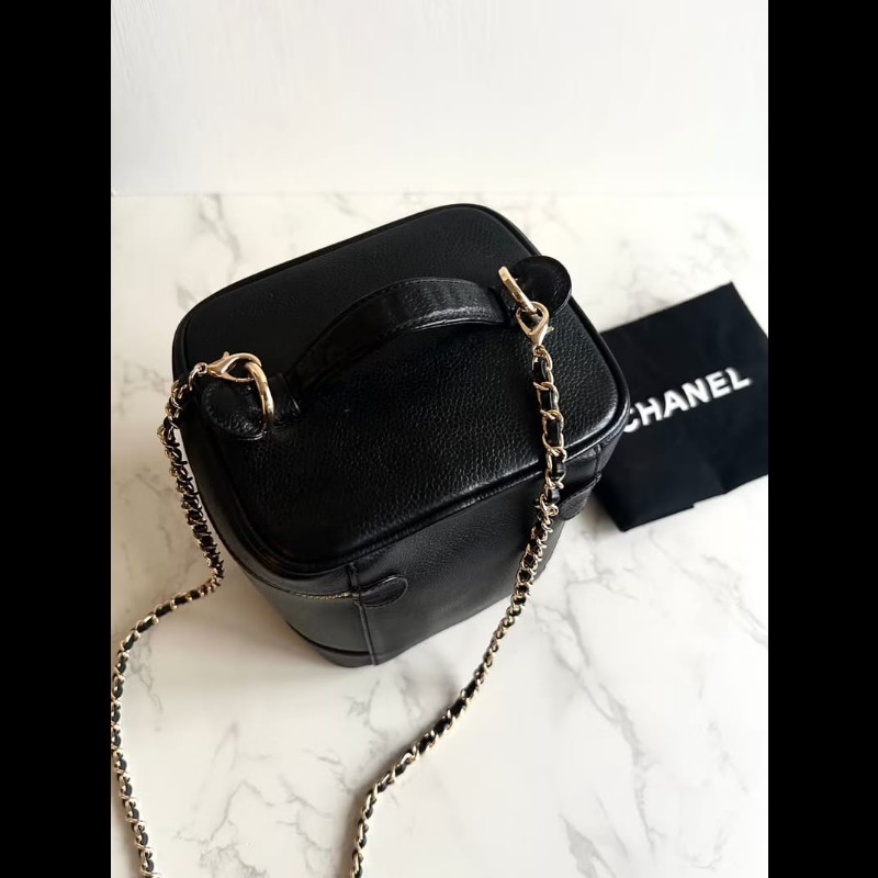 絕版古董包 Chanel黑色魚子醬化妝盒子包 斜背包 側背包 單肩包-7