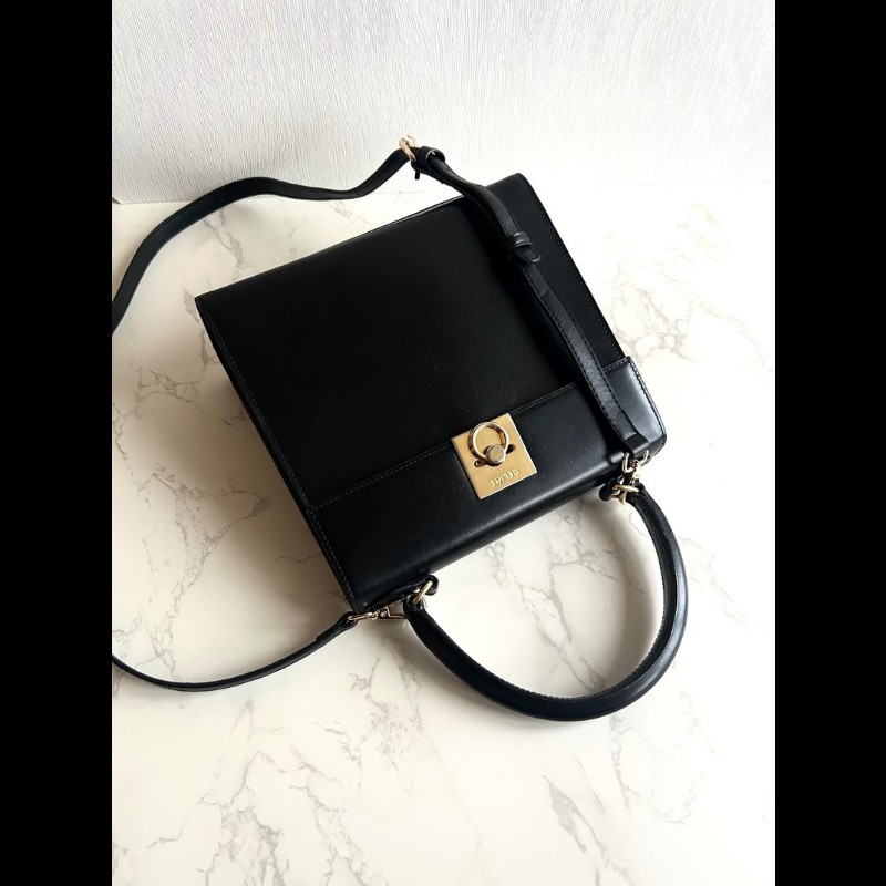 【LA LUNE】稀有中古二手Celine黑色金環扣凱莉皮革斜背側孭揹單肩手提包小袋-0