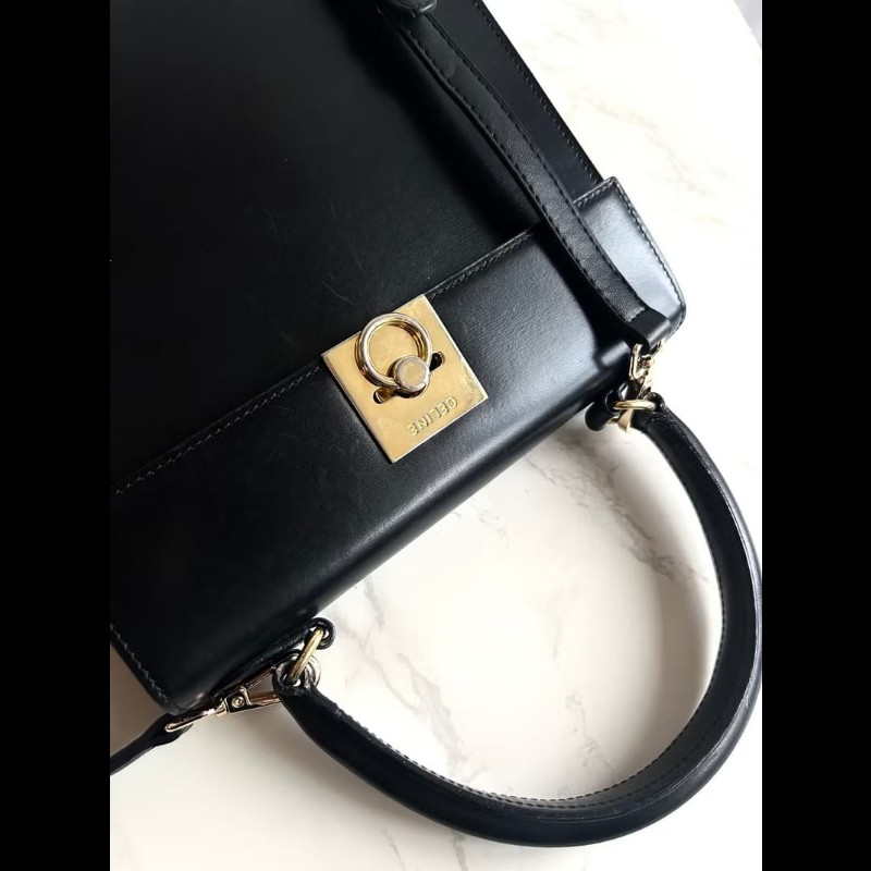 【LA LUNE】稀有中古二手Celine黑色金環扣凱莉皮革斜背側孭揹單肩手提包小袋-3
