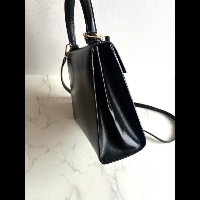 【LA LUNE】稀有中古二手Celine黑色金環扣凱莉皮革斜背側孭揹單肩手提包小袋-4