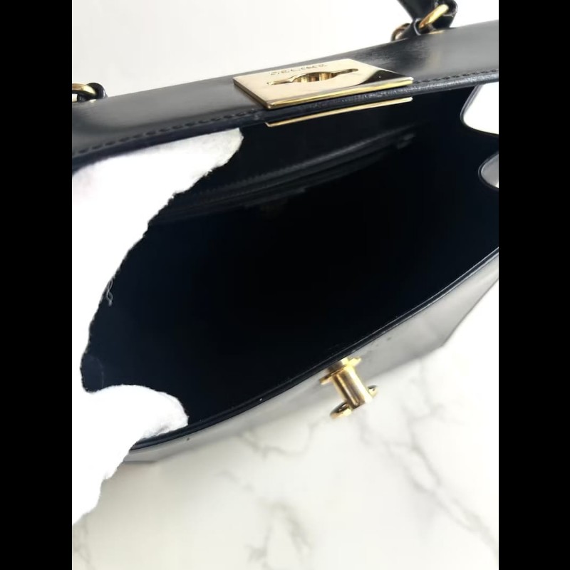 【LA LUNE】稀有中古二手Celine黑色金環扣凱莉皮革斜背側孭揹單肩手提包小袋-6