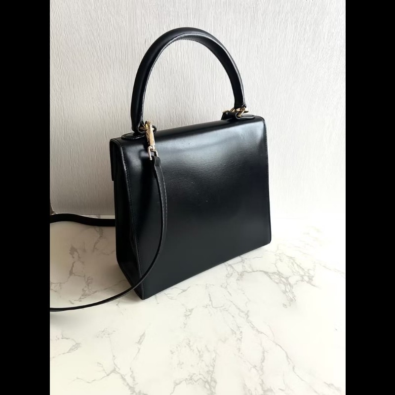 【LA LUNE】稀有中古二手Celine黑色金環扣凱莉皮革斜背側孭揹單肩手提包小袋-7