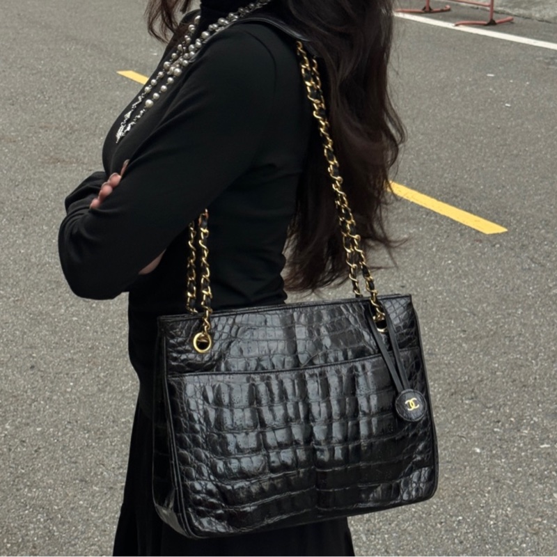 【真鱷魚皮🎁】 Chanel 香奈兒 鱷魚皮 黑金托特包 專櫃60幾萬!-15