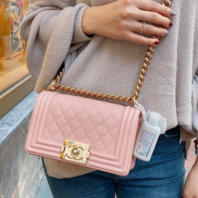 【97新 ✨ 全網最低價！】絕版款 Chanel香奈兒leboy小號 櫻花粉色荔枝紋牛皮 復古做舊五金扣 25開有卡（下單前先詢問庫存❗️）-0