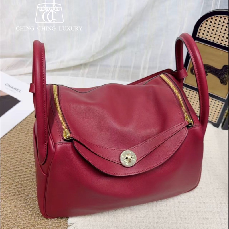 🌈Hermes❤️Lindy 30❤️紅色內拼燈色銀扣🌟99新🌟Swift皮🌟愛馬仕🌟-0