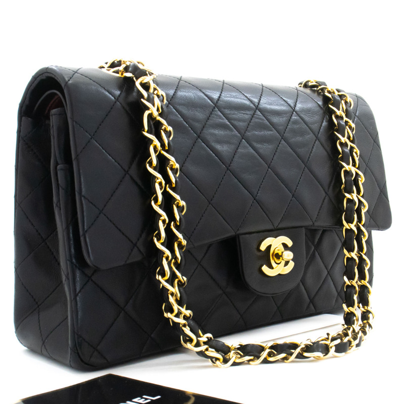 【日本直送】香奈兒經典雙蓋10吋鏈條單肩背包,黑色羊皮-0
