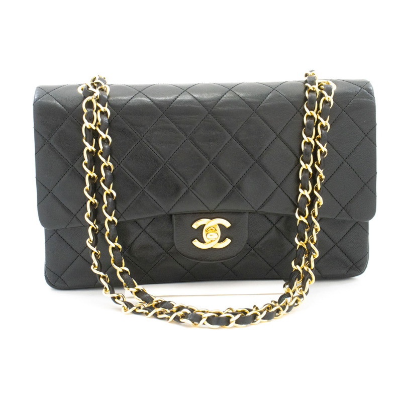 【日本直送】香奈兒經典雙蓋10吋鏈條單肩背包,黑色羊皮-1