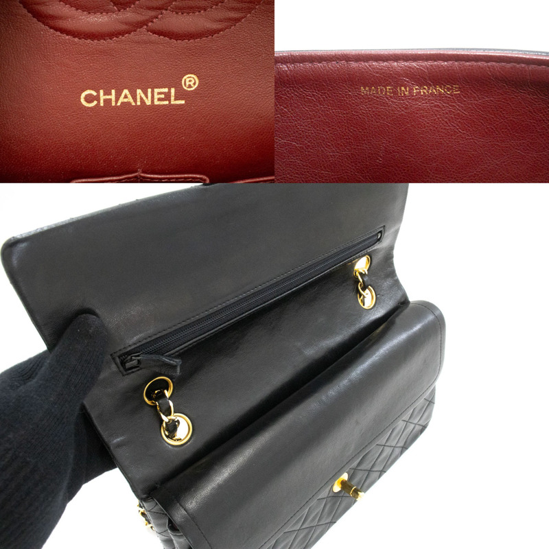 【日本直送】香奈兒經典雙蓋10吋鏈條單肩背包,黑色羊皮-7