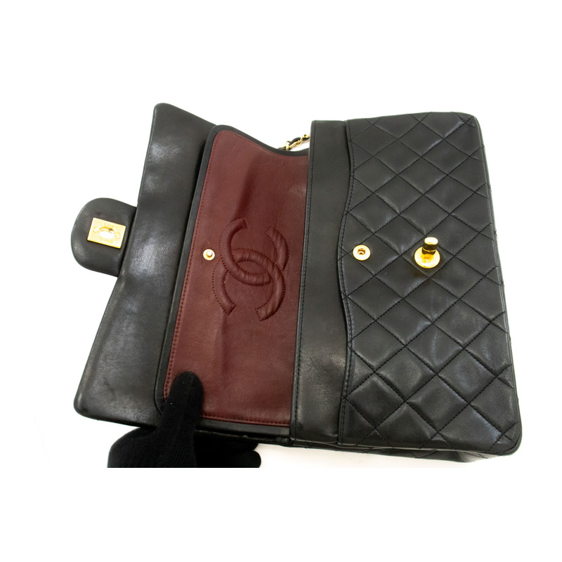 【日本直送】香奈兒經典雙蓋10吋鏈條單肩背包,黑色羊皮-10