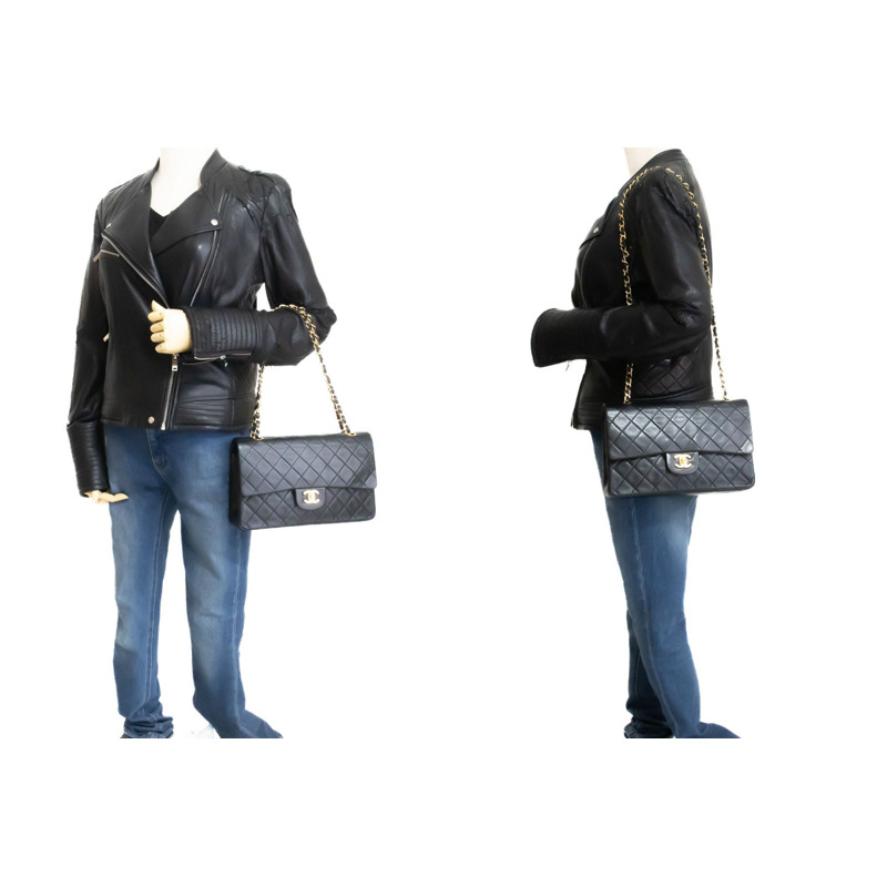 【日本直送】香奈兒經典雙蓋10吋鏈條單肩背包,黑色羊皮-11