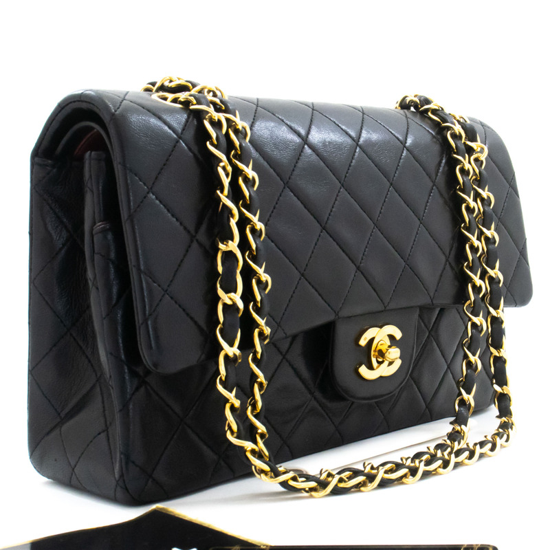 【日本直送】香奈兒經典雙蓋10吋鏈條單肩背包,黑色羊皮-0