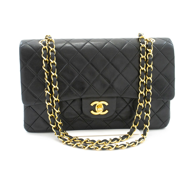 【日本直送】香奈兒經典雙蓋10吋鏈條單肩背包,黑色羊皮-1