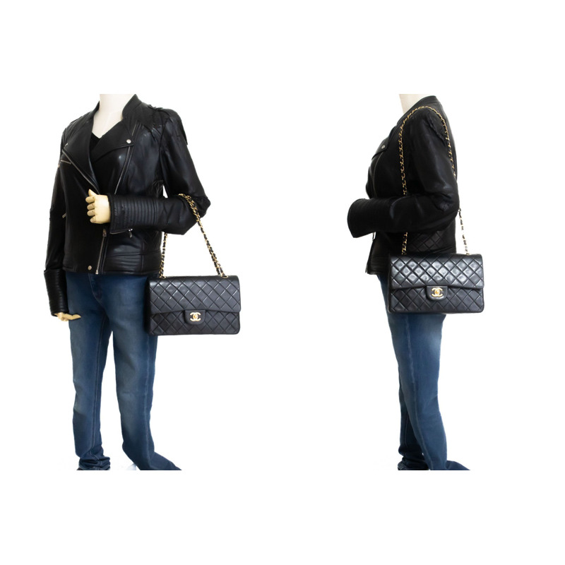 【日本直送】香奈兒經典雙蓋10吋鏈條單肩背包,黑色羊皮-11