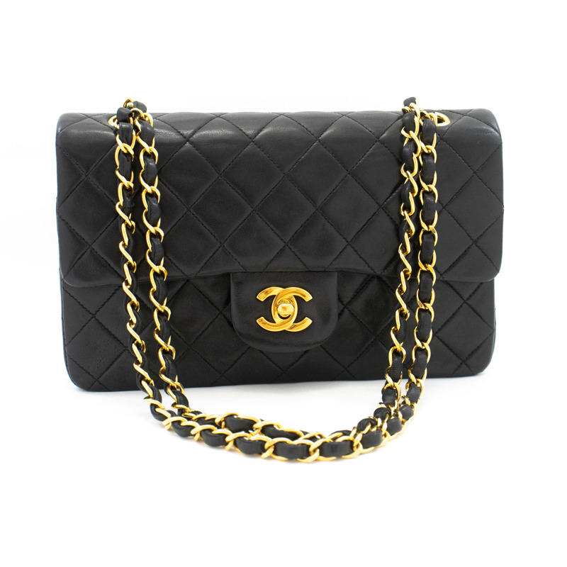 【日本直送】香奈兒經典雙蓋9吋鏈條單肩背包，黑色羊皮-1