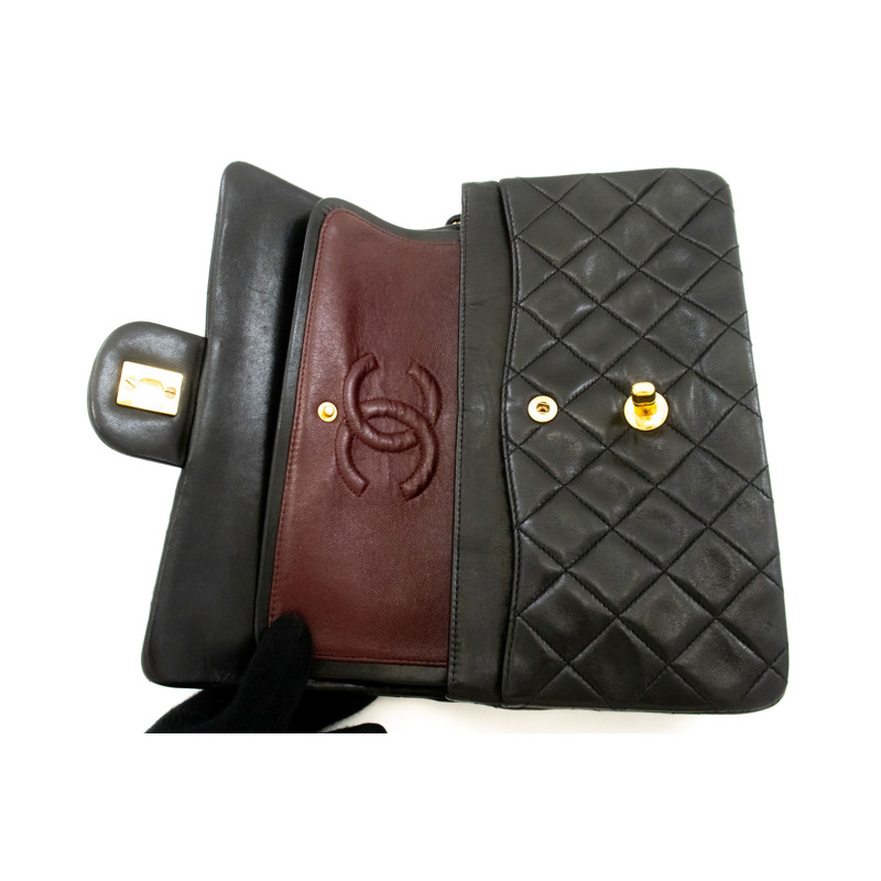 【日本直送】香奈兒經典雙蓋9吋鏈條單肩背包，黑色羊皮-10