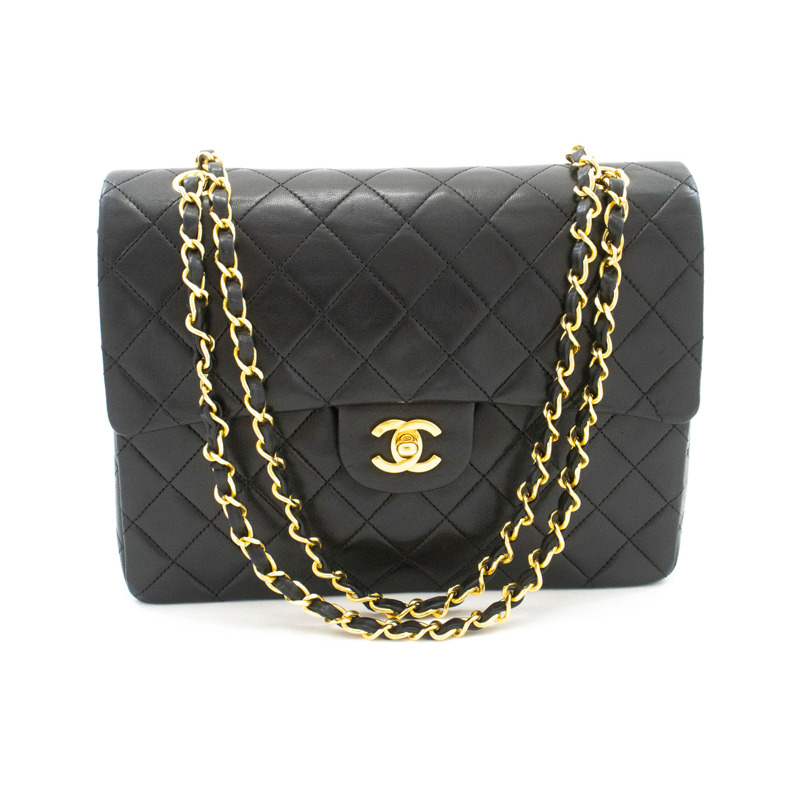【日本直送】香奈兒經典雙蓋方形鏈條肩背包，黑色羊羔絨-1