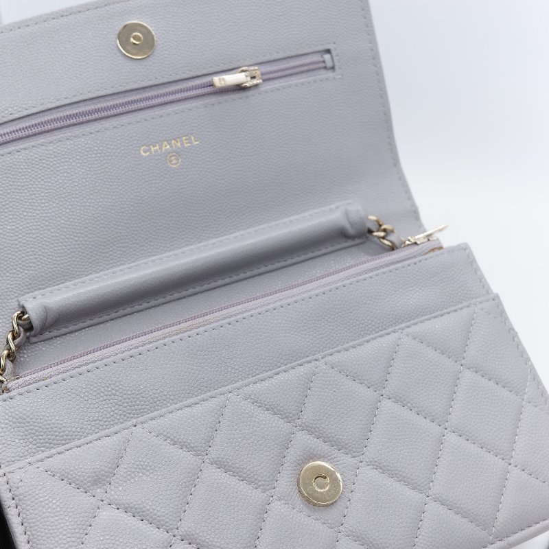 Chanel 香奈兒 經典菱格紋 藍灰色 荔枝牛皮 WOC 鏈帶包-14