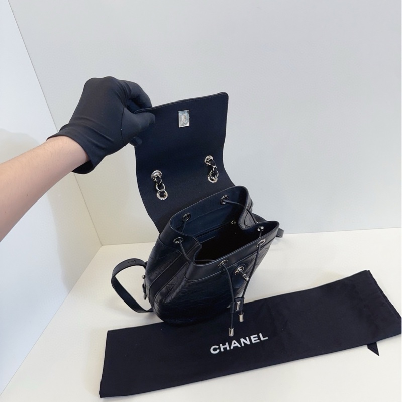 Chanel 香奈兒 黑銀油蠟皮菱格雙肩包-7