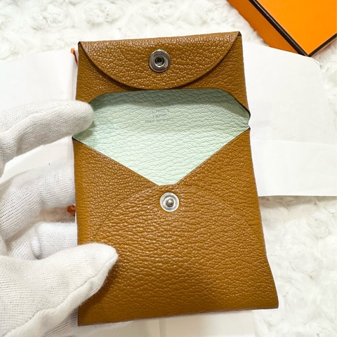 全新 HERMES Bastia  Verso山羊皮 雙色拼零錢包  焦糖色 + 薄荷綠