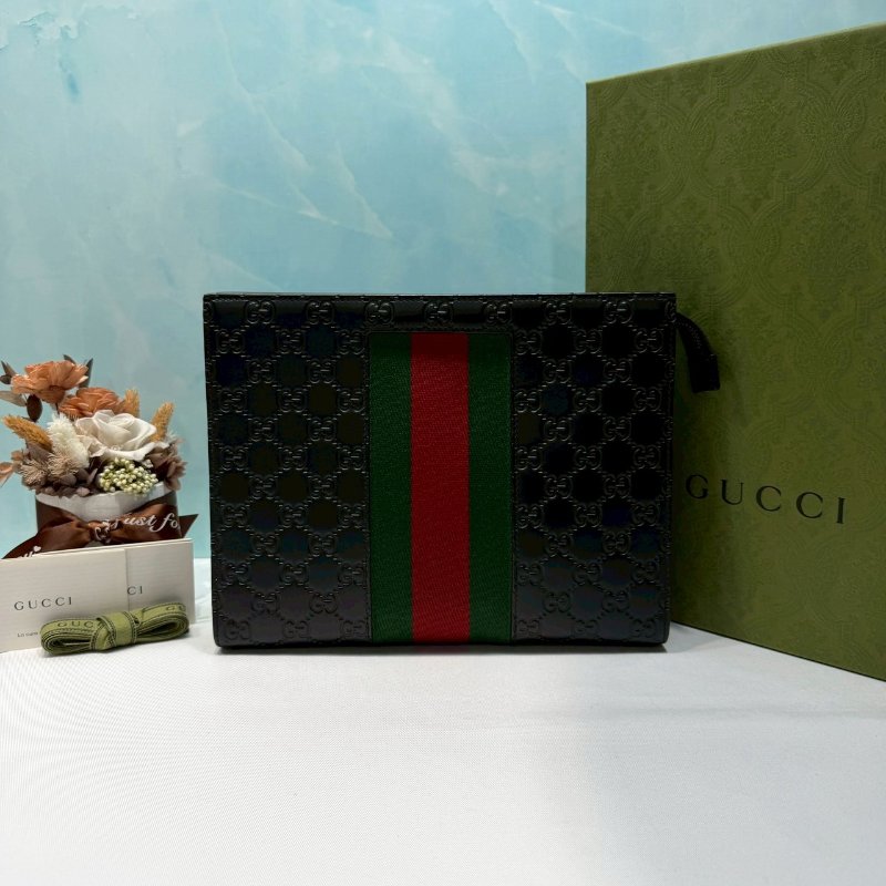 GUCCI Supreme 壓紋紅綠織帶手拿包-0