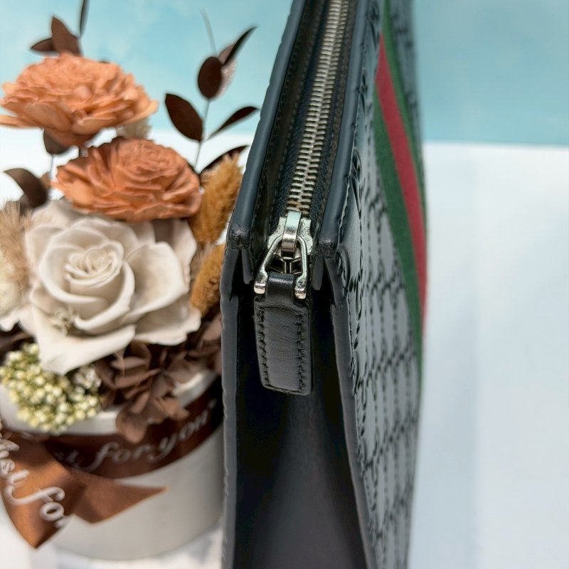 GUCCI Supreme 壓紋紅綠織帶手拿包-5