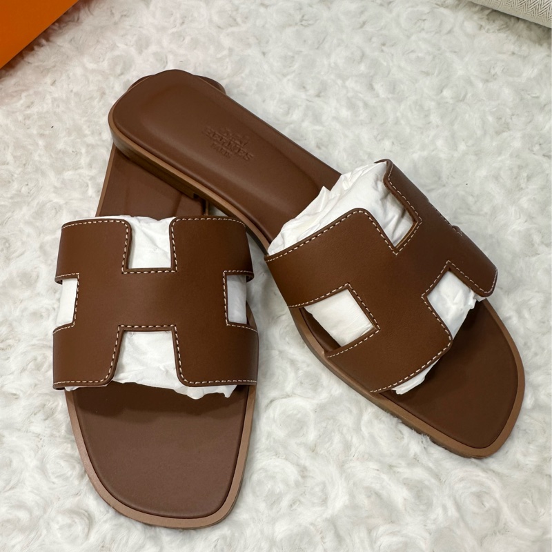 全新 HERMES 愛馬仕 Oran veau box 金棕色 涼鞋/拖鞋-3