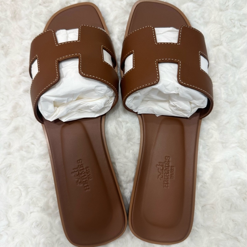 全新 HERMES 愛馬仕 Oran veau box 金棕色 涼鞋/拖鞋-4