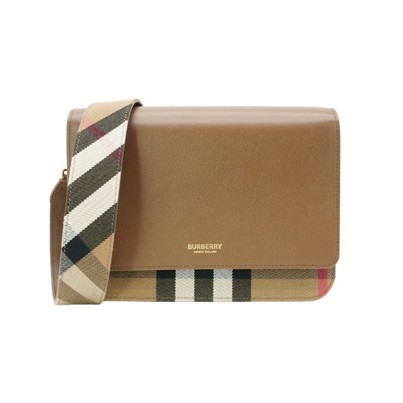 Burberry Mackford 格紋帆布拚皮革斜背包(80844891-咖)-0